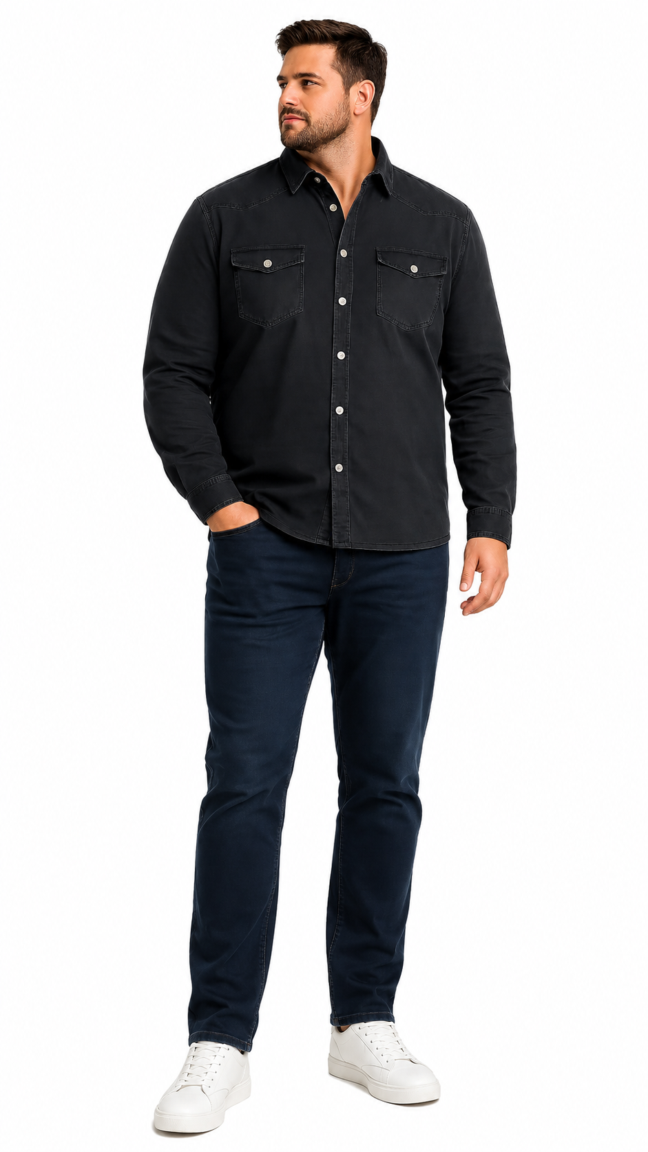 Shirt LS Ponte Black Stone Wash | Størrelser S–8XL